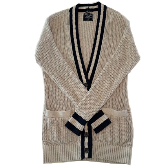 Abercrombie & Fitch Varsity Knit Long Heavy Cardigan Khaki/Navy - Women’s XS - Picture 1 of 6